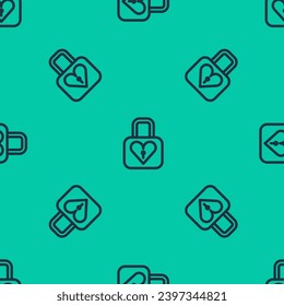 Blue line Lock and heart icon isolated seamless pattern on green background. Locked Heart. Love symbol and keyhole sign. Valentines day symbol.  Vector