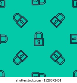 Blue line Lock icon isolated seamless pattern on green background. Padlock sign. Security, safety, protection, privacy concept.  Vector Illustration