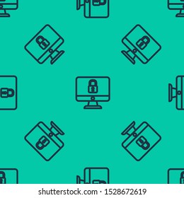 Blue line Lock on computer monitor screen icon isolated seamless pattern on green background. Security, safety, protection concept. Safe internetwork.  Vector Illustration