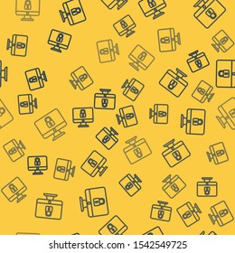 Blue line Lock on computer monitor screen icon isolated seamless pattern on yellow background. Security, safety, protection concept. Safe internetwork.  Vector Illustration
