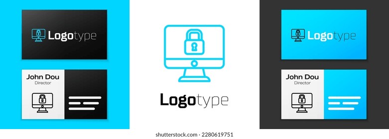 Icono de pantalla de bloqueo de línea azul en monitor de computadora aislado en fondo blanco. Seguridad, seguridad, concepto de protección. Internet seguro. Elemento de plantilla de diseño de logotipo. Vector