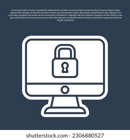 Línea azul Bloquear en el monitor de ordenador Icono de pantalla aislado en fondo azul. Seguridad, seguridad, concepto de protección. Internet seguro.  Vector