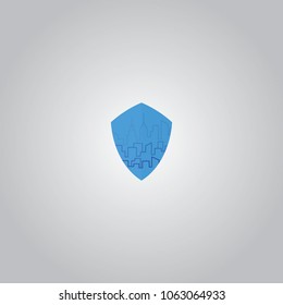 blue line logo shield building, city and construction with light and shadow. can use for city and real estate logo. can use for business object design.