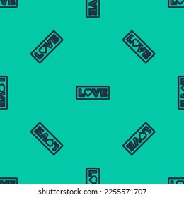 Blue line Love text icon isolated seamless pattern on green background. Valentines day greeting card template.  Vector