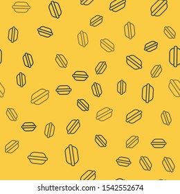 Blue line Macaron cookie icon isolated seamless pattern on yellow background. Macaroon sweet bakery.  Vector Illustration