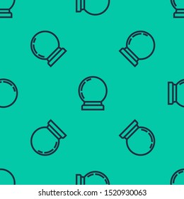 Blue line Magic ball icon isolated seamless pattern on green background. Crystal ball.  Vector Illustration