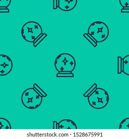 Blue line Magic ball icon isolated seamless pattern on green background. Crystal ball.  Vector Illustration