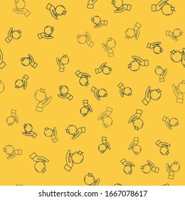 Blue line Magic ball on hand icon isolated seamless pattern on yellow background. Crystal ball.  Vector Illustration