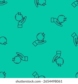 Blaue Linie Magischer Ball auf der Hand Symbol einzeln nahtloses Muster auf grünem Hintergrund. Kristallkugel.  Vektorgrafik