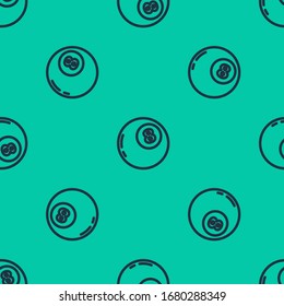 Blue line Magic ball of predictions for decision-making icon isolated seamless pattern on green background. Crystal ball.  Vector Illustration