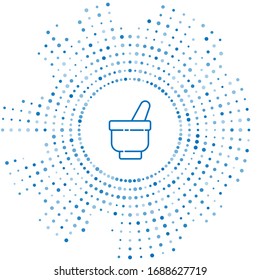 Blue line Magic mortar and pestle icon isolated on white background. Abstract circle random dots. Vector Illustration