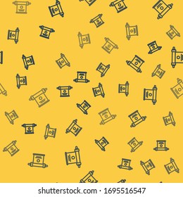 Blue line Magic scroll icon isolated seamless pattern on yellow background. Decree, paper, parchment, scroll icon.  Vector Illustration