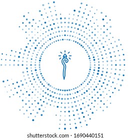 Blue line Magic staff icon isolated on white background. Magic wand, scepter, stick, rod. Abstract circle random dots. Vector Illustration