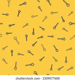 Blue line Magic wand icon isolated seamless pattern on yellow background. Star shape magic accessory. Magical power.  Vector Illustration
