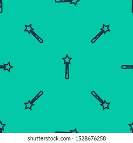 Blue line Magic wand icon isolated seamless pattern on green background. Star shape magic accessory. Magical power.  Vector Illustration
