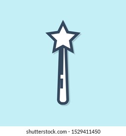 Blue line Magic wand icon isolated on blue background. Star shape magic accessory. Magical power.  Vector Illustration