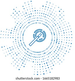 Blue line Magic wand icon isolated on white background. Star shape magic accessory. Magical power. Abstract circle random dots. Vector Illustration