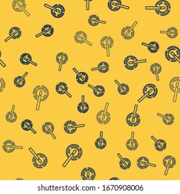 Blue line Magic wand icon isolated seamless pattern on yellow background. Star shape magic accessory. Magical power.  Vector Illustration