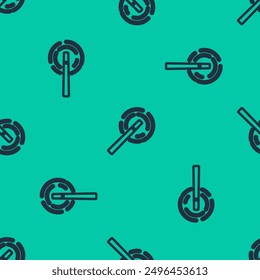 Blue line Magic wand icon isolated seamless pattern on green background. Star shape magic accessory. Magical power.  Vector Illustration