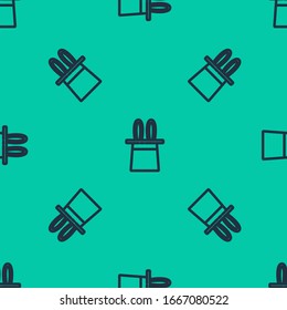 Blue line Magician hat and rabbit ears icon isolated seamless pattern on green background. Magic trick. Mystery entertainment concept.  Vector Illustration