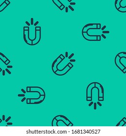 Blue line Magnet icon isolated seamless pattern on green background. Horseshoe magnet, magnetism, magnetize, attraction.  Vector Illustration