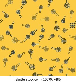 Blue line Magnifying glass with Bitcoin icon isolated seamless pattern on yellow background. Physical bit coin. Blockchain based secure crypto currency.  Vector Illustration