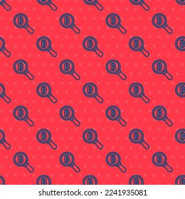 Blue line Magnifying glass with Bitcoin icon isolated seamless pattern on red background. Physical bit coin. Blockchain based secure crypto currency.  Vector
