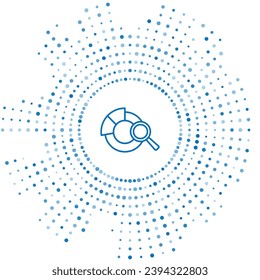 Blue line Magnifying glass and data analysis icon isolated on white background. Search sign. Abstract circle random dots. Vector