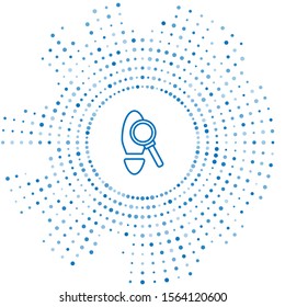 Blue line Magnifying glass with footsteps icon isolated on white background. Detective is investigating. To follow in the footsteps. Abstract circle random dots. Vector Illustration