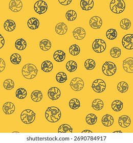Linha azul Lupa com ícone globo isolado padrão sem costura no fundo amarelo. Analisando o mundo. Sinal de pesquisa global.  Vetor
