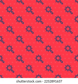 Blue line Magnifying glass icon isolated seamless pattern on red background. Search, focus, zoom, business symbol.  Vector