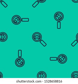 Blue line Magnifying glass for search a people icon isolated seamless pattern on green background. Recruitment or selection concept. Search for employees and job.  Vector Illustration