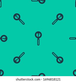 Blue line Magnifying glass with search icon isolated seamless pattern on green background. Detective is investigating.  Vector Illustration