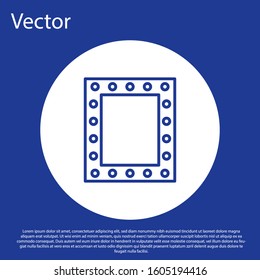 Blue line Makeup mirror with lights icon isolated on blue background. White circle button. Vector Illustration