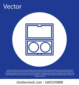 Blue line Makeup powder with mirror icon isolated on blue background. White circle button. Vector Illustration