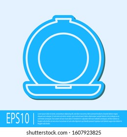 Blue line Makeup powder with mirror icon isolated on grey background.  Vector Illustration