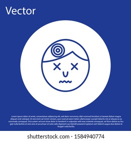 Blue line Man having headache, migraine icon isolated on blue background. White circle button. Vector Illustration