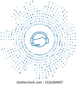 Blue line Man with a headset icon isolated on white background. Support operator in touch. Concept for call center, client support service. Abstract circle random dots. Vector Illustration