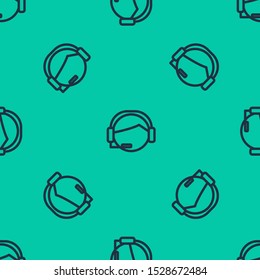 Blue line Man with a headset icon isolated seamless pattern on green background. Support operator in touch. Concept for call center, client support service.  Vector Illustration
