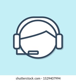 Blue line Man with a headset icon isolated on blue background. Support operator in touch. Concept for call center, client support service.  Vector Illustration