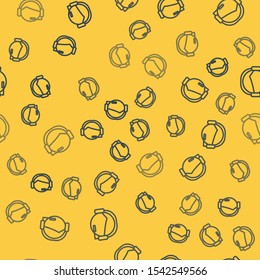 Blue line Man with a headset icon isolated seamless pattern on yellow background. Support operator in touch. Concept for call center, client support service.  Vector Illustration