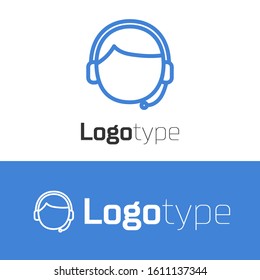 Blue line Man with a headset icon isolated on white background. Support operator in touch. Concept for call center, client support service. Logo design template element. Vector Illustration