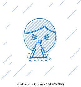 Blue line Man holding handkerchief or napkin to his runny nose icon isolated on white background. Coryza desease symptoms.  Vector Illustration