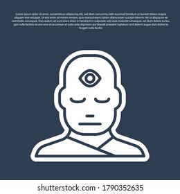 Línea azul Hombre con un tercer ícono de ojo aislado en fondo azul. El concepto de meditación, visión de energía, aura.  Ilustración vectorial