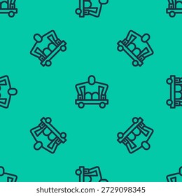Línea azul Hombre sin piernas sentado icono de silla de ruedas aislado sin patrón sobre fondo verde. Concepto de discapacidad. Un tipo con discapacidades físicas.  Vector