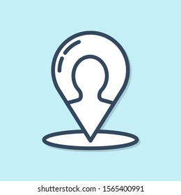 Blue line Map marker with a silhouette of a person icon isolated on blue background. GPS location symbol.  Vector Illustration