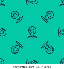 Blue line Map marker with a silhouette of a person icon isolated seamless pattern on green background. GPS location symbol. Vector Illustration