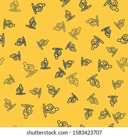 Blue line Map marker with a silhouette of a person icon isolated seamless pattern on yellow background. GPS location symbol.  Vector Illustration