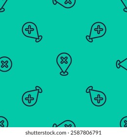 Blue line Map pin with cross mark icon isolated seamless pattern on green background. Navigation, pointer, location, map, gps, direction, place, compass, search concept.  Vector