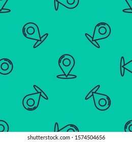 Blue line Map pin icon isolated seamless pattern on green background. Navigation, pointer, location, map, gps, direction, place, compass, contact, search concept.  Vector Illustration